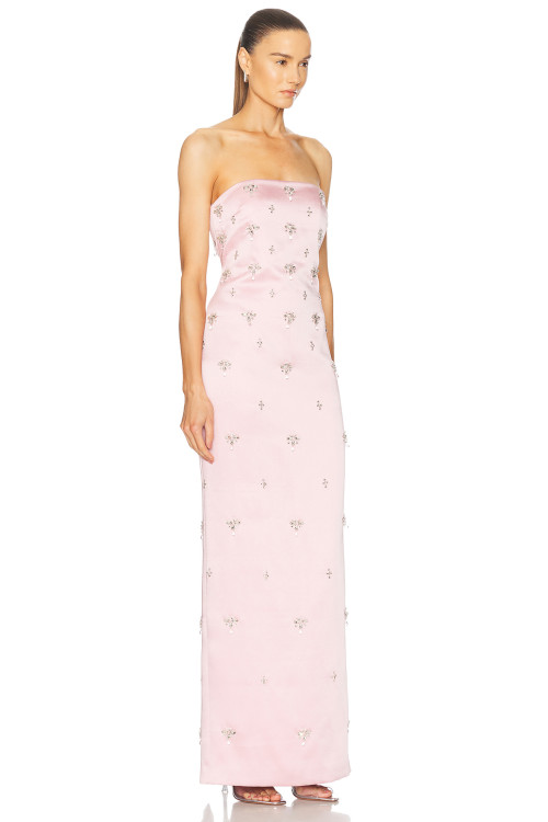 2025 Glamorous Strapless Blush Satin Exquisite Crystal Embellishments Maxi Dress