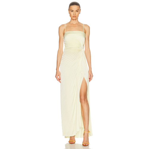 Elegant Women's Slim High Slit Pleated Satin Solid Color Camisole Evening Dress