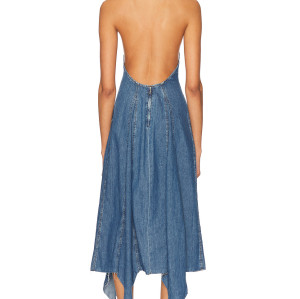 Female Casual Denim Halterneck Backless Tight Waist Asymmetric Skirt Hem Daily Dress