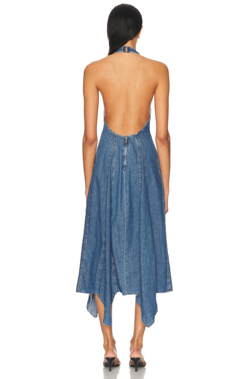 Female Casual Denim Halterneck Backless Tight Waist Asymmetric Skirt Hem Daily Dress