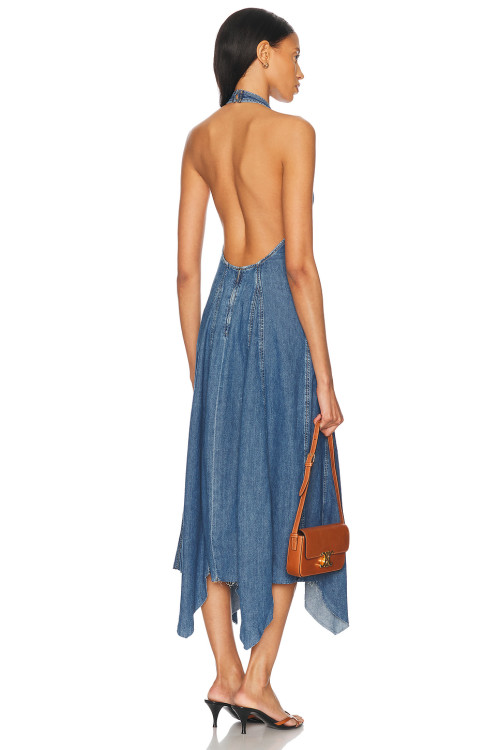 Female Casual Denim Halterneck Backless Tight Waist Asymmetric Skirt Hem Daily Dress
