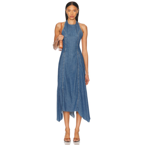 Female Casual Denim Halterneck Backless Tight Waist Asymmetric Skirt Hem Daily Dress