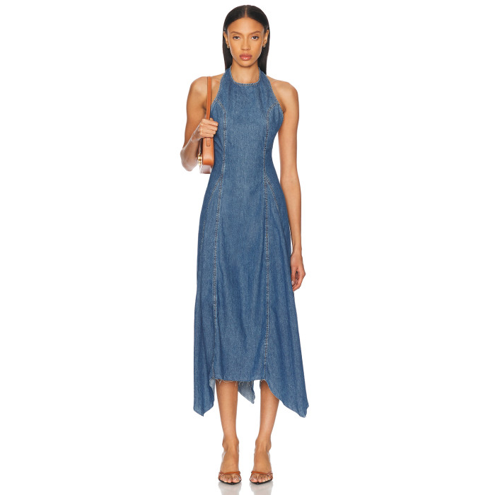 Female Casual Denim Halterneck Backless Tight Waist Asymmetric Skirt Hem Daily Dress