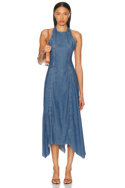Female Casual Denim Halterneck Backless Tight Waist Asymmetric Skirt Hem Daily Dress
