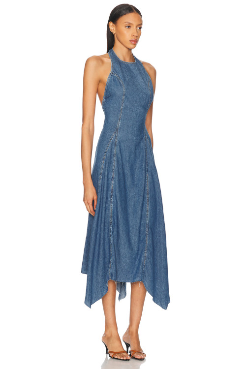 Female Casual Denim Halterneck Backless Tight Waist Asymmetric Skirt Hem Daily Dress