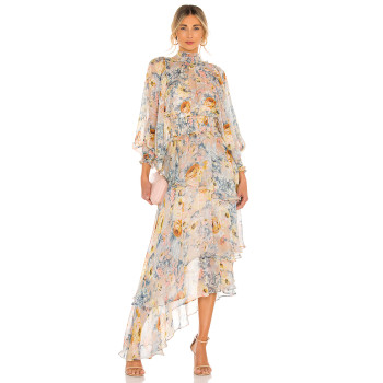 New Style Vintage Floral Printed High Neck Long Sleeve Chiffon Irregular Hem Women Dress
