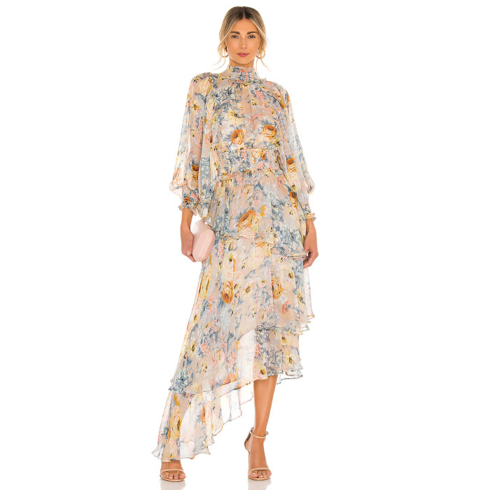 New Style Vintage Floral Printed High Neck Long Sleeve Chiffon Irregular Hem Women Dress