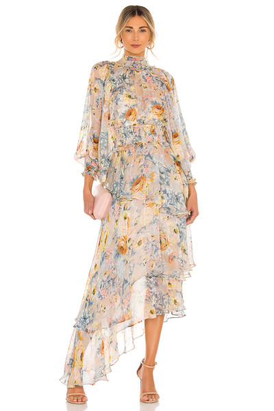 New Style Vintage Floral Printed High Neck Long Sleeve Chiffon Irregular Hem Women Dress