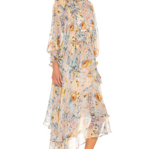 New Style Vintage Floral Printed High Neck Long Sleeve Chiffon Irregular Hem Women Dress