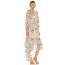 New Style Vintage Floral Printed High Neck Long Sleeve Chiffon Irregular Hem Women Dress
