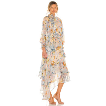 New Style Vintage Floral Printed High Neck Long Sleeve Chiffon Irregular Hem Women Dress