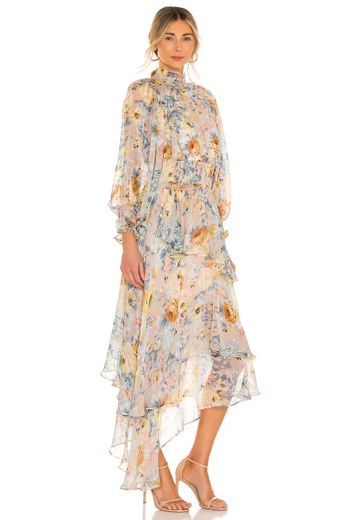 New Style Vintage Floral Printed High Neck Long Sleeve Chiffon Irregular Hem Women Dress