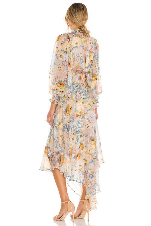 New Style Vintage Floral Printed High Neck Long Sleeve Chiffon Irregular Hem Women Dress