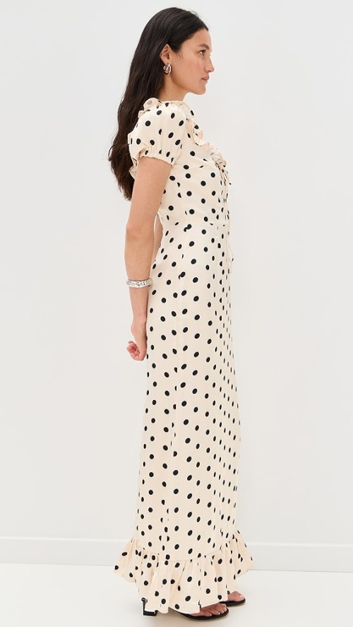 Women's Fashion Square Puff Shoulder Backless Polka-dot Print And Ruffle Trim Maxi Dress