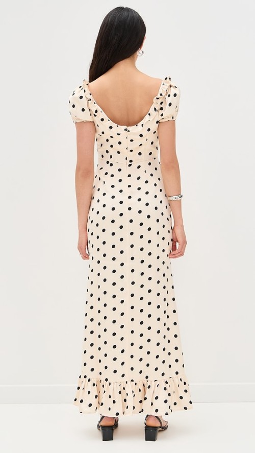 Women's Fashion Square Puff Shoulder Backless Polka-dot Print And Ruffle Trim Maxi Dress