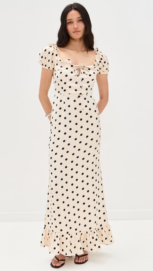 Women's Fashion Square Puff Shoulder Backless Polka-dot Print And Ruffle Trim Maxi Dress