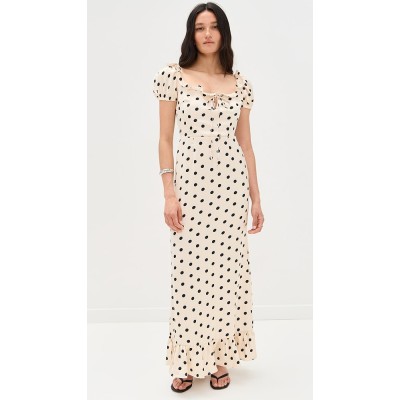 Women's Fashion Square Puff Shoulder Backless Polka-dot Print And Ruffle Trim Maxi Dress