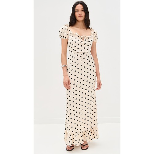 Women's Fashion Square Puff Shoulder Backless Polka-dot Print And Ruffle Trim Maxi Dress