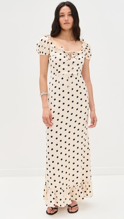 Women's Fashion Square Puff Shoulder Backless Polka-dot Print And Ruffle Trim Maxi Dress