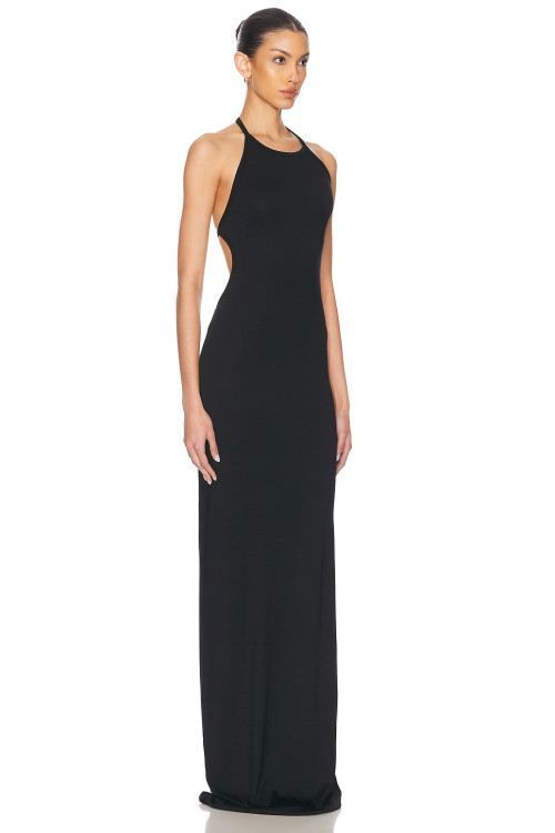 Ladies Halter Neck Black Maxi Dress Sleeveless Backless Back S-shaped Hook and Eye Dress