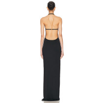 Ladies Halter Neck Black Maxi Dress Sleeveless Backless Back S-shaped Hook and Eye Dress