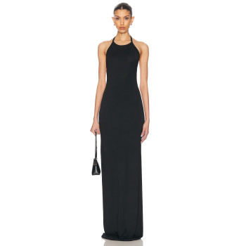 Ladies Halter Neck Black Maxi Dress Sleeveless Backless Back S-shaped Hook and Eye Dress