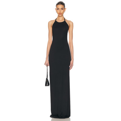 Ladies Halter Neck Black Maxi Dress Sleeveless Backless Back S-shaped Hook and Eye Dress
