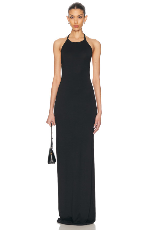 Ladies Halter Neck Black Maxi Dress Sleeveless Backless Back S-shaped Hook and Eye Dress