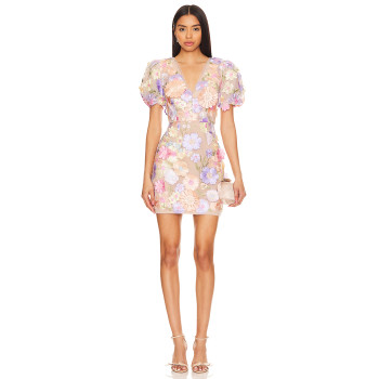 Fashionable Ladies High quality Fabric Three D Floral Embroidery V Neck Puff Sleeve Mini Dress