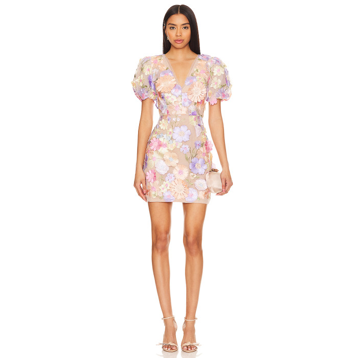 Fashionable Ladies' Tulle Fabric Three D Floral Embroidery V Neck Puff Sleeve Mini Dress