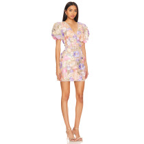 Fashionable Ladies High quality Fabric Three D Floral Embroidery V Neck Puff Sleeve Mini Dress