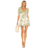Retro Colorful Floral Square Neck Ruffled Puff Sleeve with Lace Trimmed Open Back Ladies Mini Dress