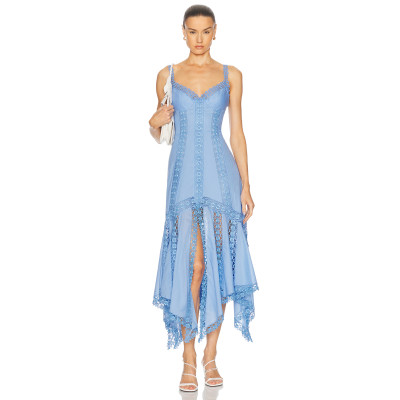 2025 Hot Sale Exquisite Lightweight Poplin fabric Asymmetrical Hem Lace Embellished V neck dress