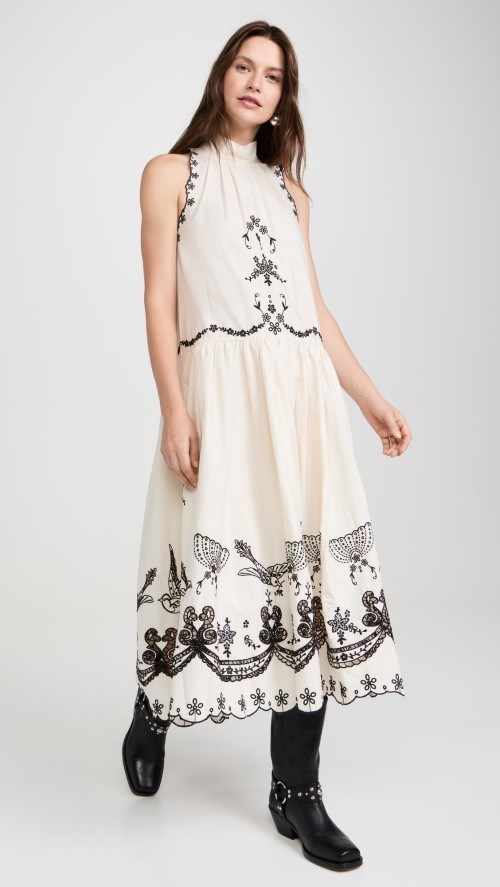 Daily Cute Sleeveless High Neck Mid Waist Floral And Bird Embroidery Casual Dress