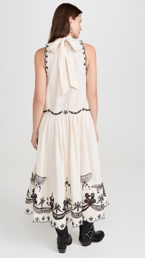 Daily Cute Sleeveless High Neck Mid Waist Floral And Bird Embroidery Casual Dress