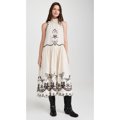 Daily Cute Sleeveless High Neck Mid Waist Floral And Bird Embroidery Casual Dress