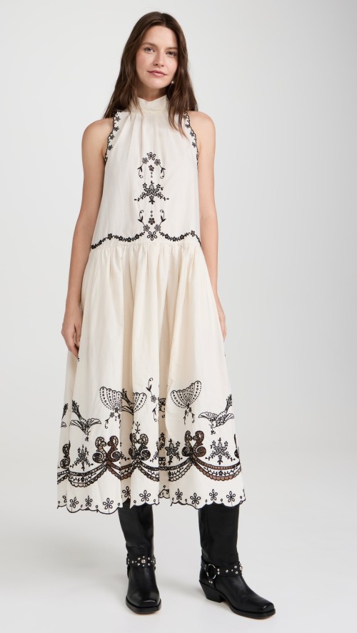 Daily Cute Sleeveless High Neck Mid Waist Floral And Bird Embroidery Casual Dress