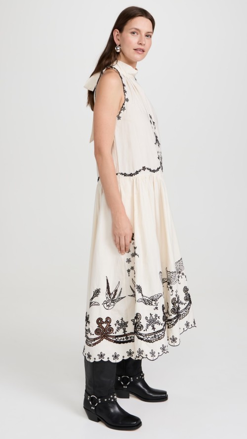 Daily Cute Sleeveless High Neck Mid Waist Floral And Bird Embroidery Casual Dress