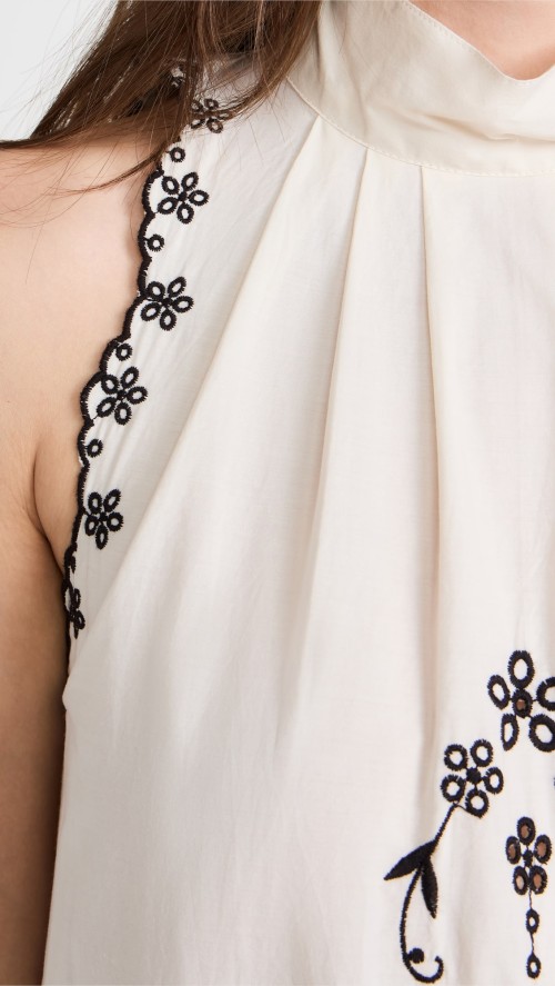 Daily Cute Sleeveless High Neck Mid Waist Floral And Bird Embroidery Casual Dress