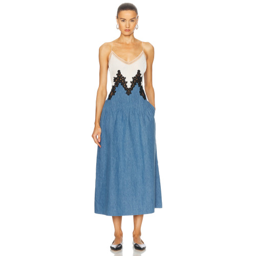 Hot Sale Denim Midi Dress with Contrast Lace Detailing and Spaghetti Straps Patchwork Dress