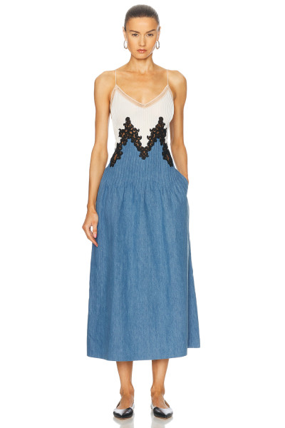 Hot Sale Denim Midi Dress with Contrast Lace Detailing and Spaghetti Straps Patchwork Dress