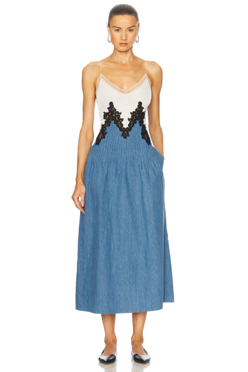Hot Sale Denim Midi Dress with Contrast Lace Detailing and Spaghetti Straps Patchwork Dress
