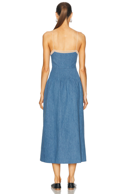 Hot Sale Denim Midi Dress with Contrast Lace Detailing and Spaghetti Straps Patchwork Dress