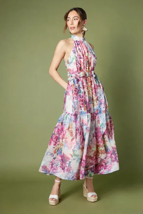 Women's Fashion Halterneck Sleeveless Ruffle Tight Waist Floral print Casual Dress