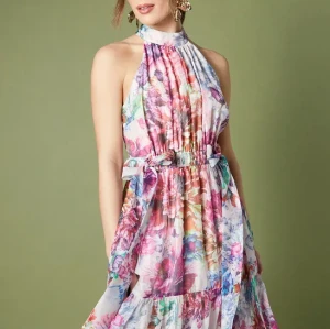 Women's Fashion Halterneck Sleeveless Ruffle Tight Waist Floral print Casual Dress
