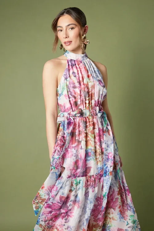 Women's Fashion Halterneck Sleeveless Ruffle Tight Waist Floral print Casual Dress