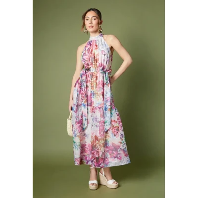 Women's Fashion Halterneck Sleeveless Ruffle Tight Waist Floral print Casual Dress