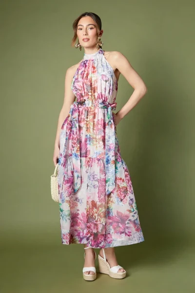 Women's Fashion Halterneck Sleeveless Ruffle Tight Waist Floral print Casual Dress