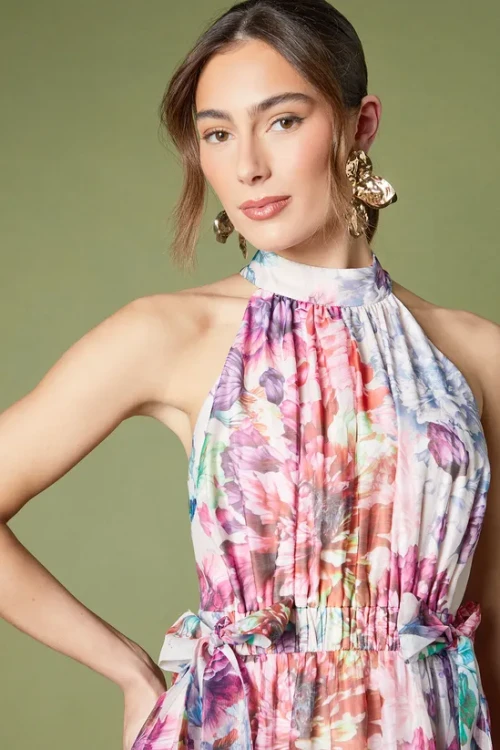 Women's Fashion Halterneck Sleeveless Ruffle Tight Waist Floral print Casual Dress