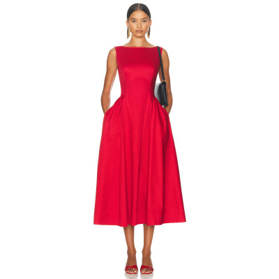 2025 Hot sale Sleeveless Red Midi Dress with Pleated Waist and Pockets Woman's Dress